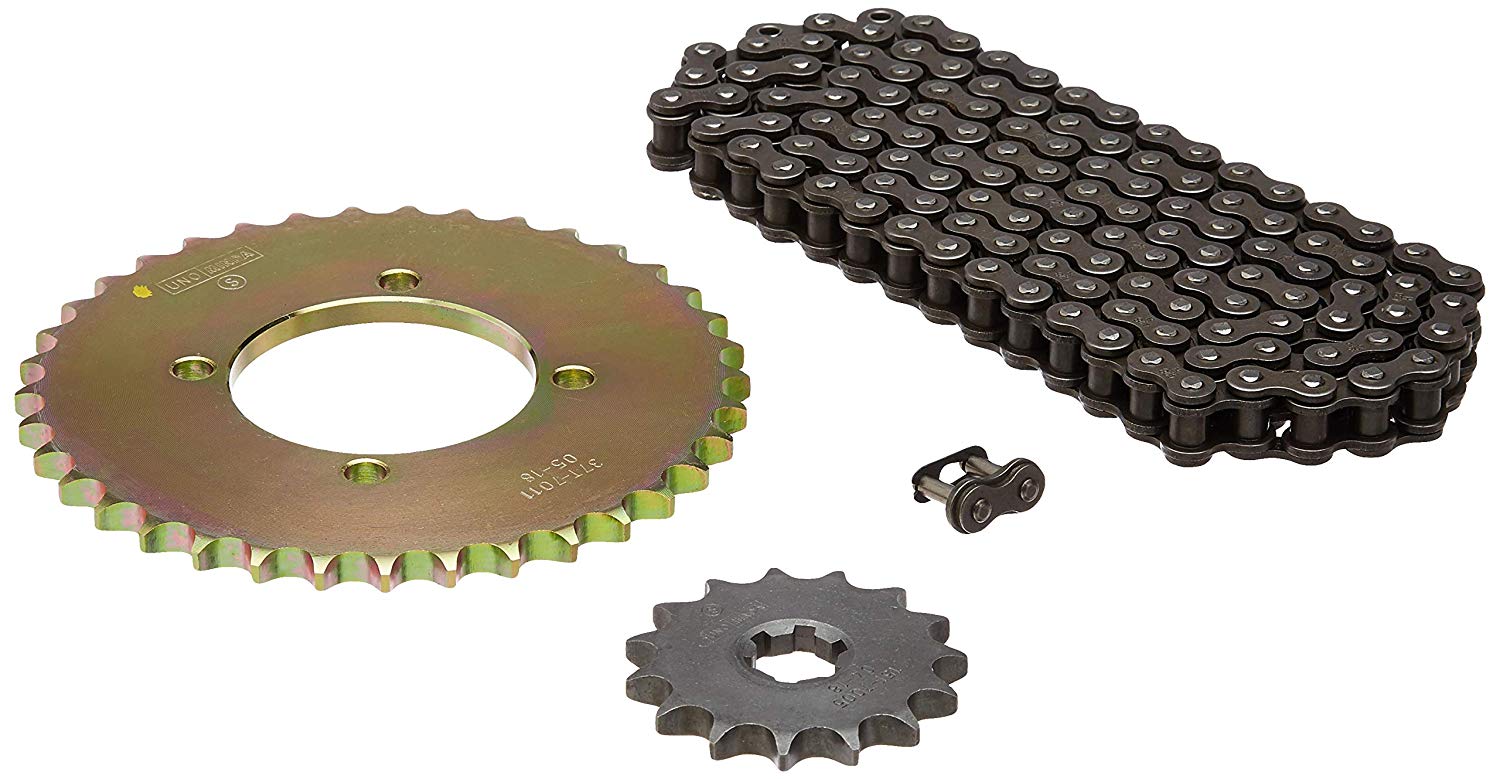 Uno Minda CH-7011 Quadra Rivet Chain & Alloy Steel Hardened Sprockets Chain & Sprocket Kit - R428 SIZE-110L / 15T / 37T(4H) For Yamaha RXG, RX 135 CC Old 